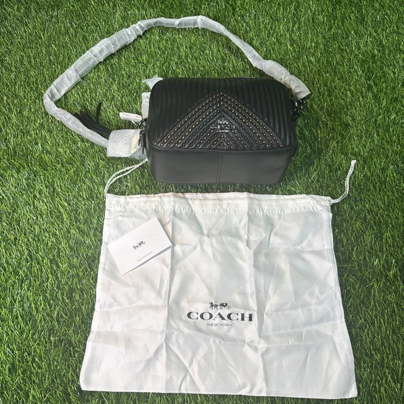 Coach Quilted Rivets Camera Bag Black Leather Crossbody NWT #31649 MSRP $350
